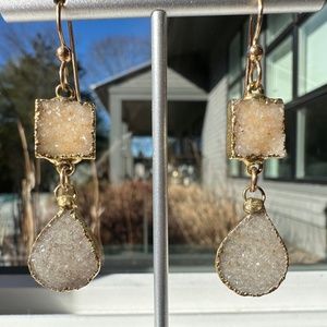 DRUZY Jasper Quartz Gems Dangling Teardrop Earrings, Handmade, Dangle Drop Drusy